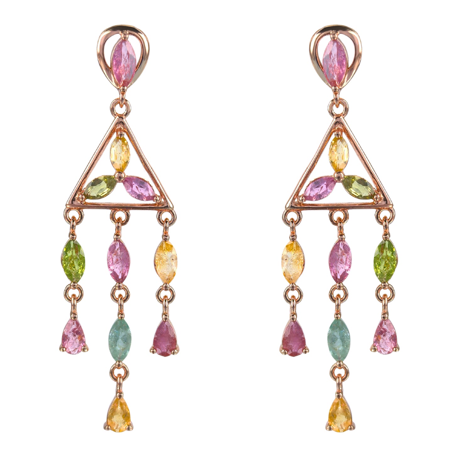 Elegant Rose Gold Plated 925 Silver Jewelry Natural Tourmaline Triangle Drop Earrings