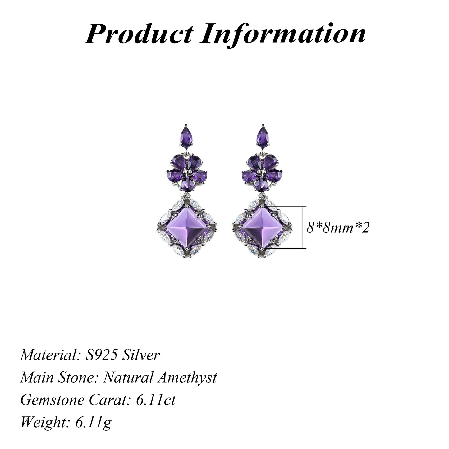 Elegant Rhodium Plated 925 Silver Jewelry Flower Natural Sugerloaf Amethyst Drop Earrings