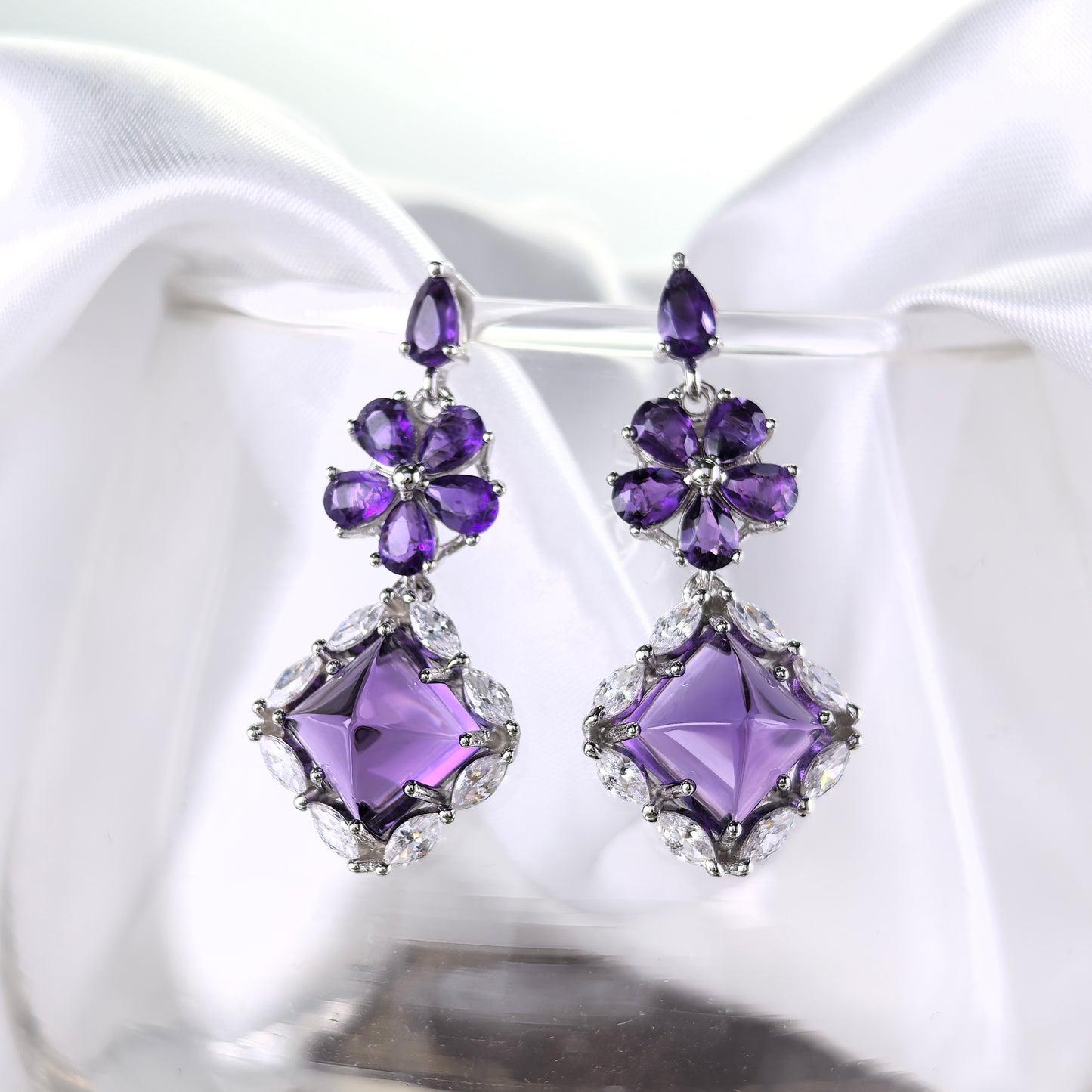 Elegant Rhodium Plated 925 Silver Jewelry Flower Natural Sugerloaf Amethyst Drop Earrings