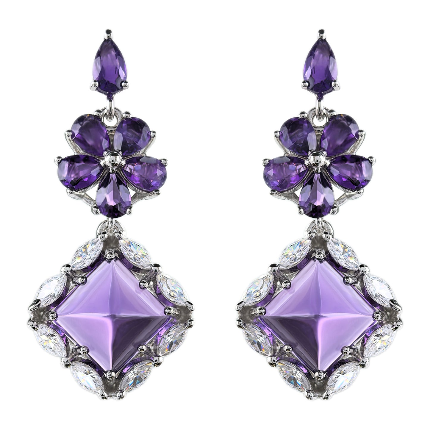 Elegant Rhodium Plated 925 Silver Jewelry Flower Natural Sugerloaf Amethyst Drop Earrings