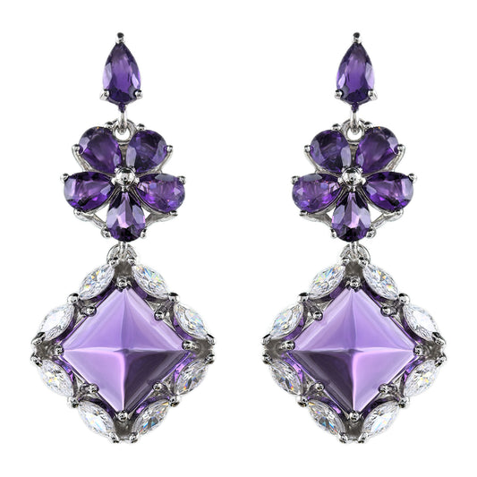 Elegant Rhodium Plated 925 Silver Jewelry Flower Natural Sugerloaf Amethyst Drop Earrings