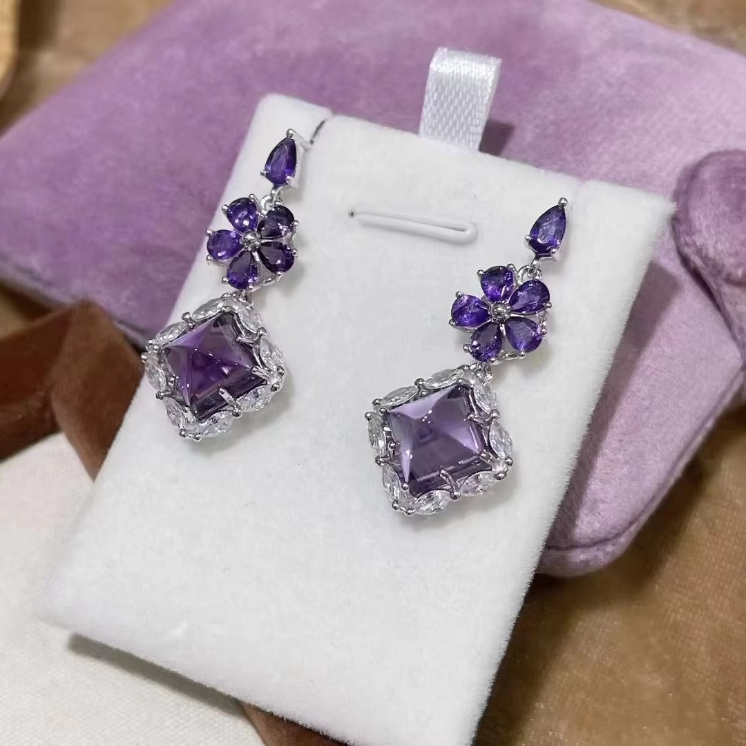 Elegant Rhodium Plated 925 Silver Jewelry Flower Natural Sugerloaf Amethyst Drop Earrings