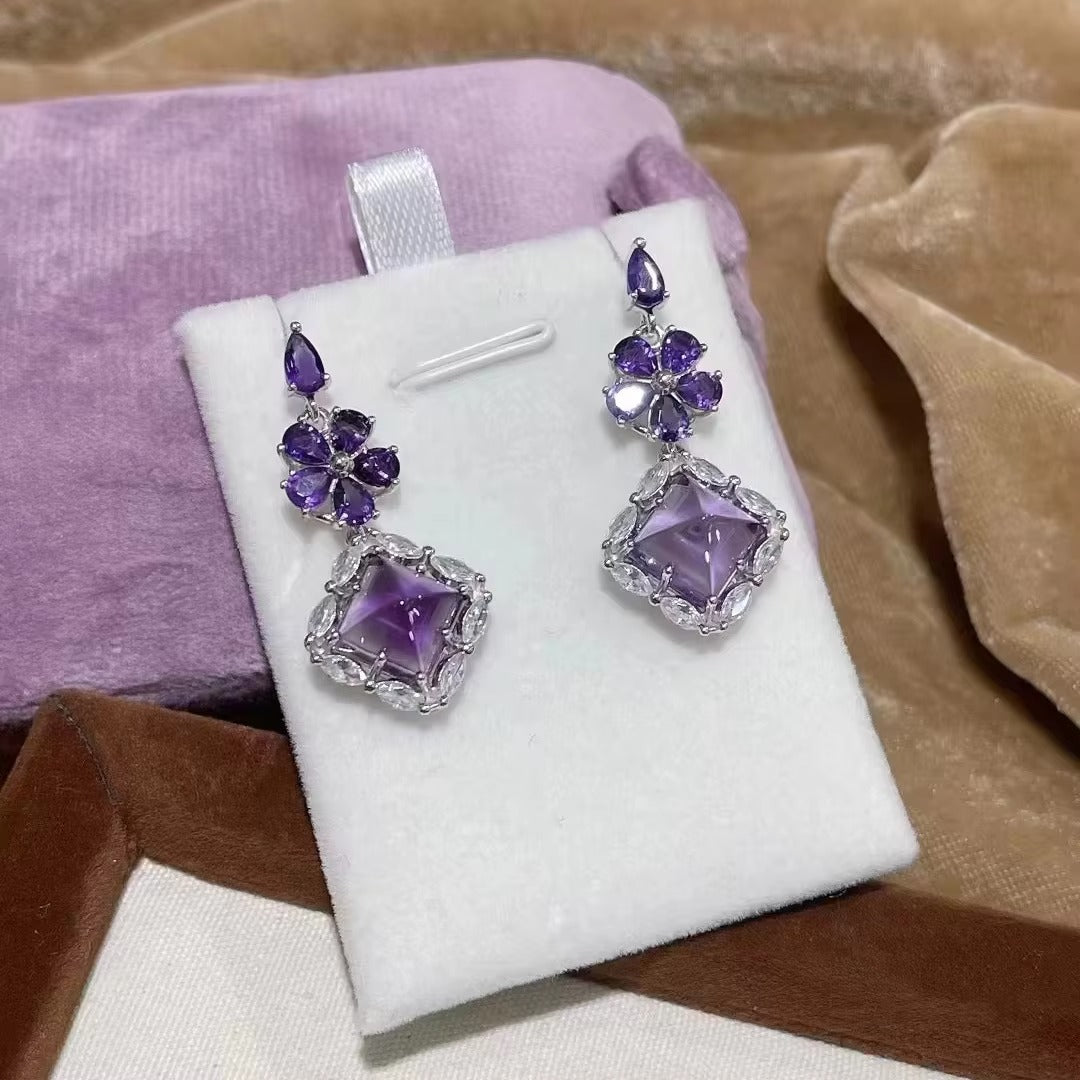 Elegant Rhodium Plated 925 Silver Jewelry Flower Natural Sugerloaf Amethyst Drop Earrings