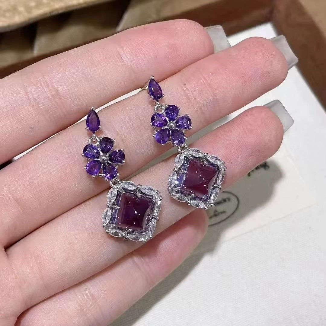 Elegant Rhodium Plated 925 Silver Jewelry Flower Natural Sugerloaf Amethyst Drop Earrings