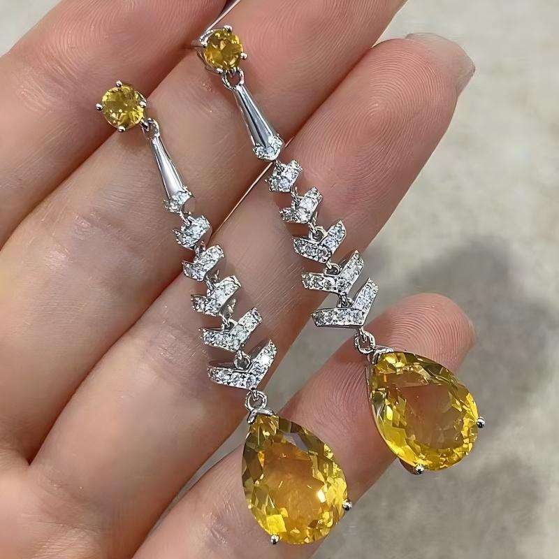 Exquisite Rhodium Plated 925 Sterling Silver Natural Citrine Crystal Dangling Drop Earrings