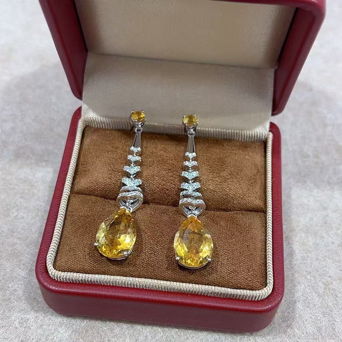 Exquisite Rhodium Plated 925 Sterling Silver Natural Citrine Crystal Dangling Drop Earrings