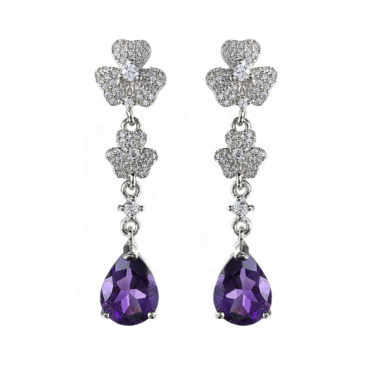 925 Sterling Silver Natural Amethyst Shamrock Drop Earrings for Women Trendy Rhodium Plated Pear Cut for Weddings Parties