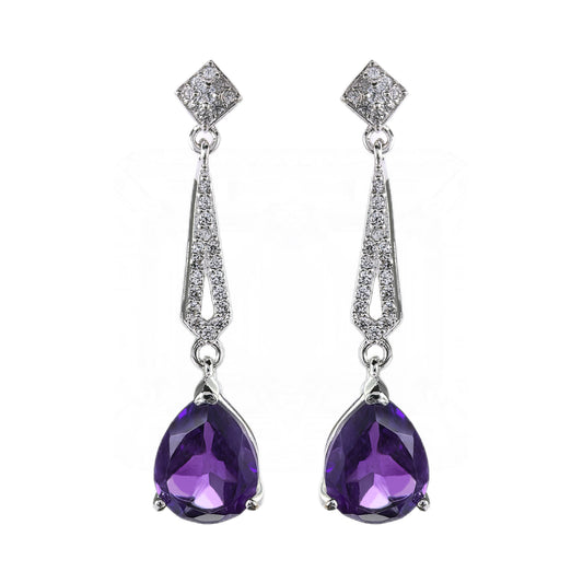 Elegant Rhodium Plated 925 Silver Trendy Natural Amethyst Dangling Drop Earrings