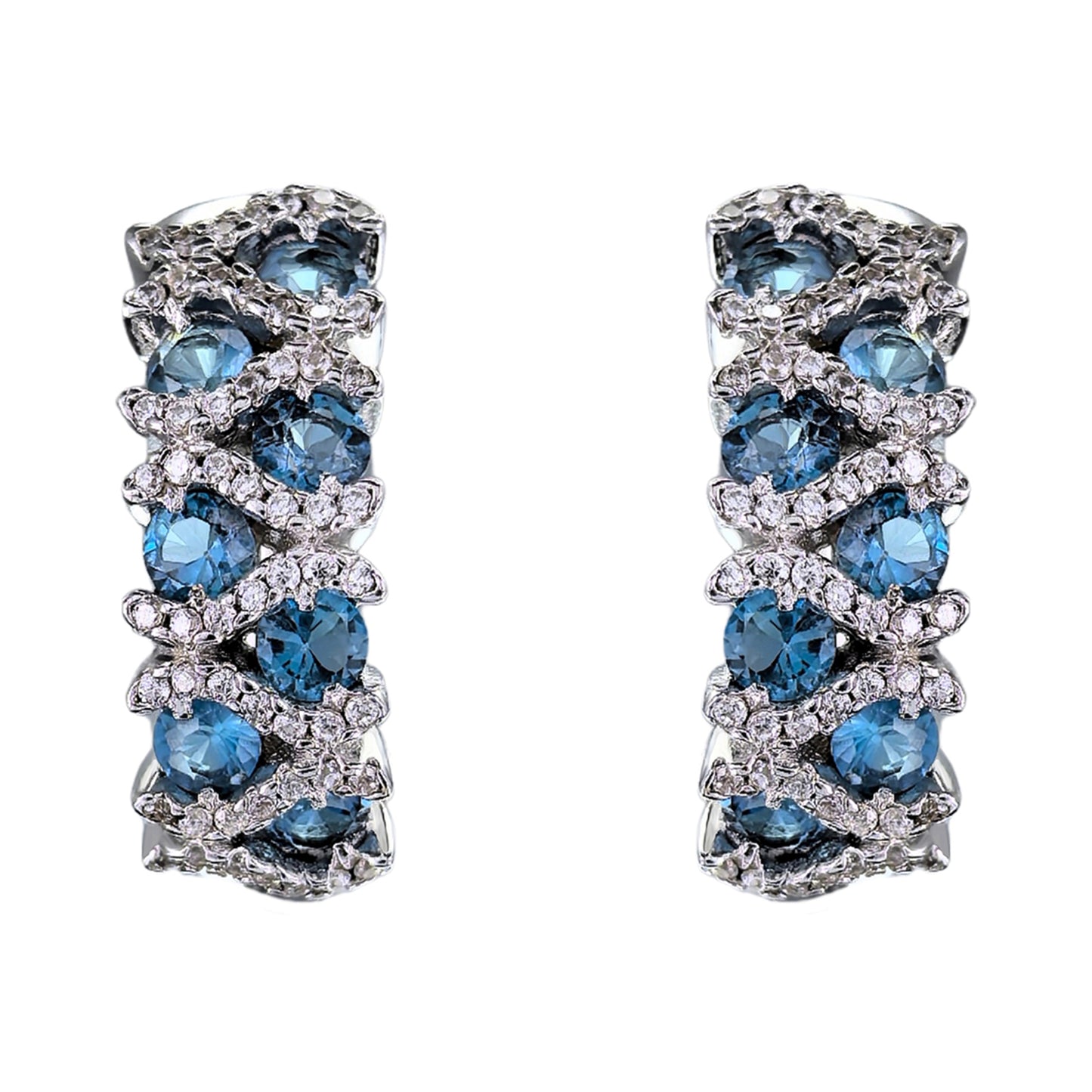 Elegant Rhodium Plated Silver 925 Jewelry Natural London Blue Topaz Hoop Earrings