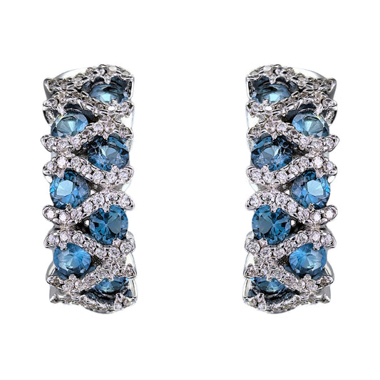 Elegant Rhodium Plated Silver 925 Jewelry Natural London Blue Topaz Hoop Earrings