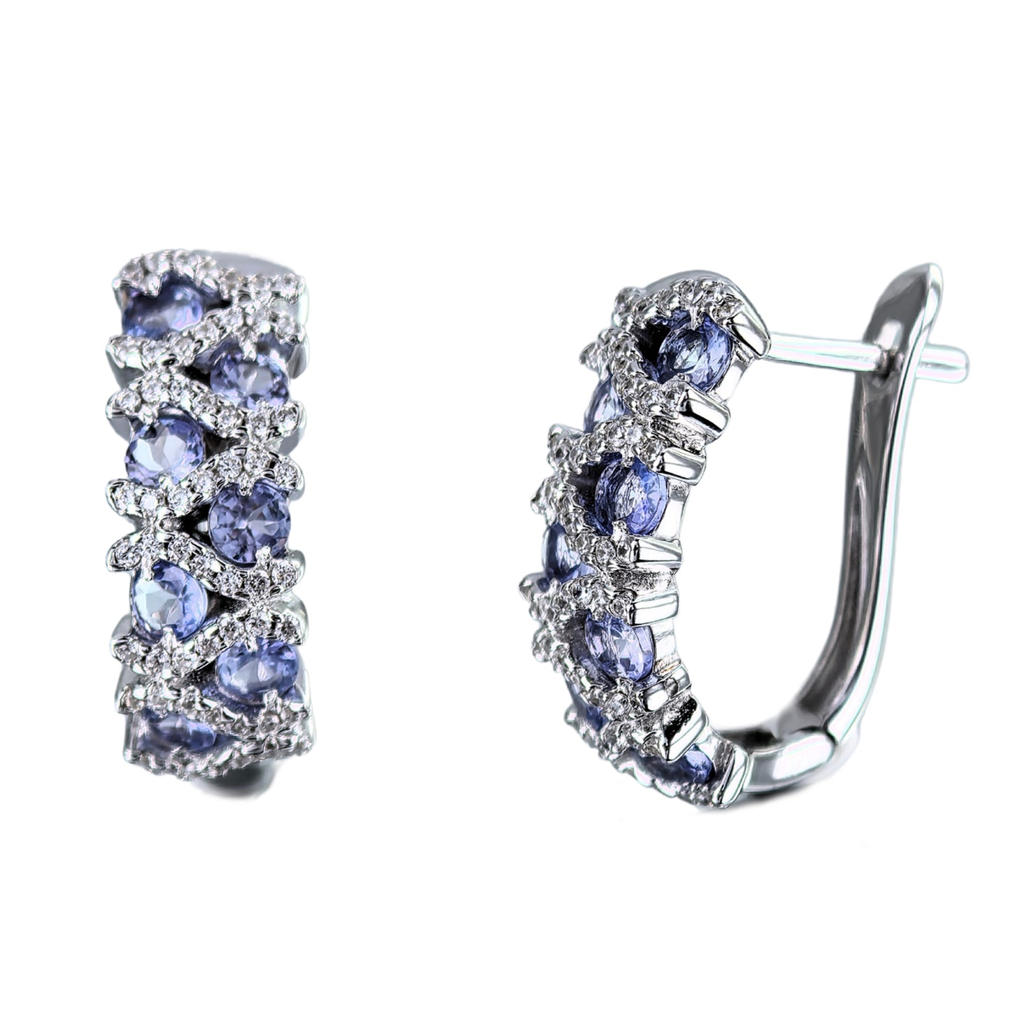 Exquisite Rhodium Plated Silver 925 Jewelry Natural Tanzanite Hoop Earrings