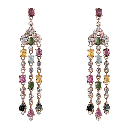 Precious Rose Gold Plated 925 Sterling Silver Natural Tourmaline Long Drop Earrings