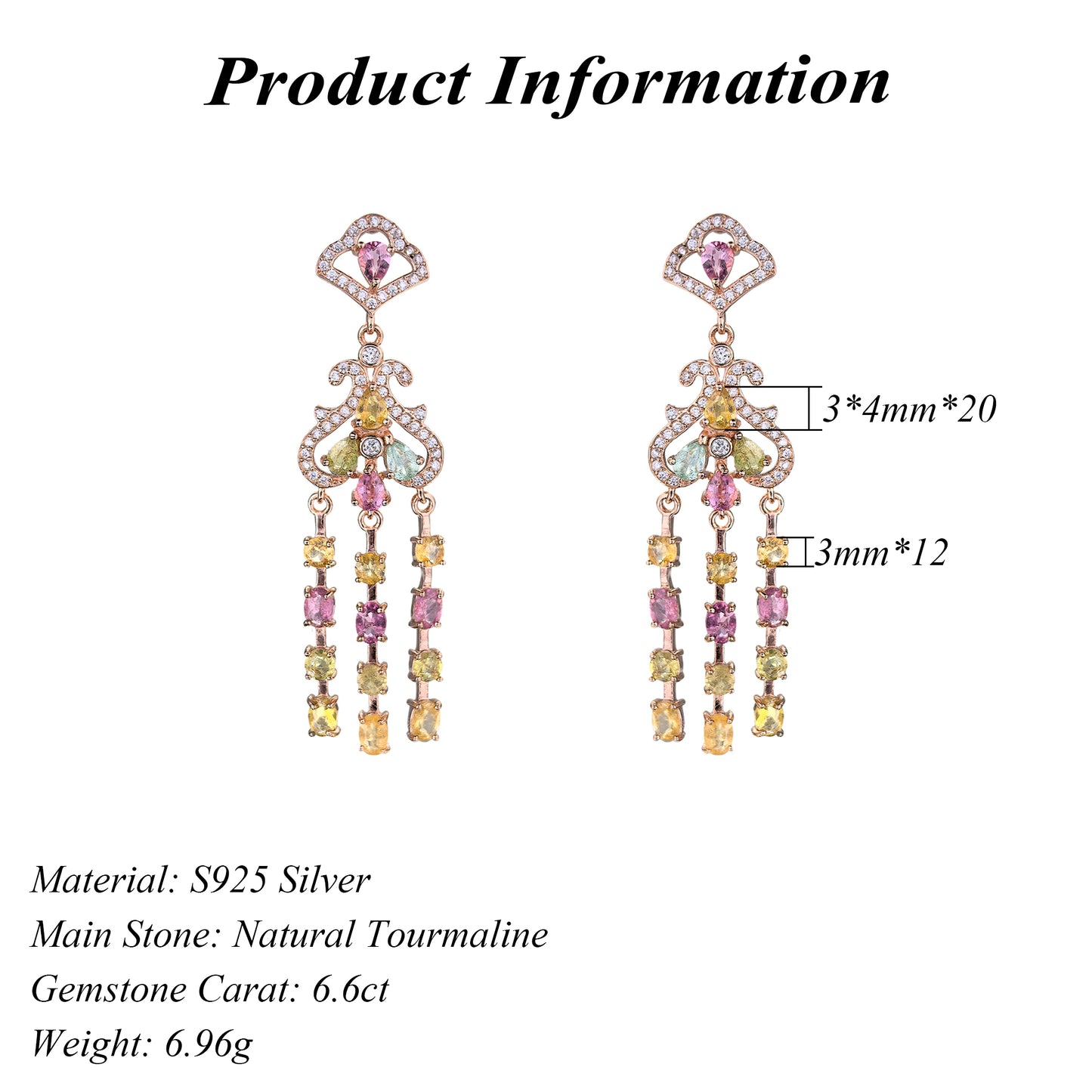 Noble Rose Gold Plated Silver 925 Natural Tourmaline Dangling Drop Earrings
