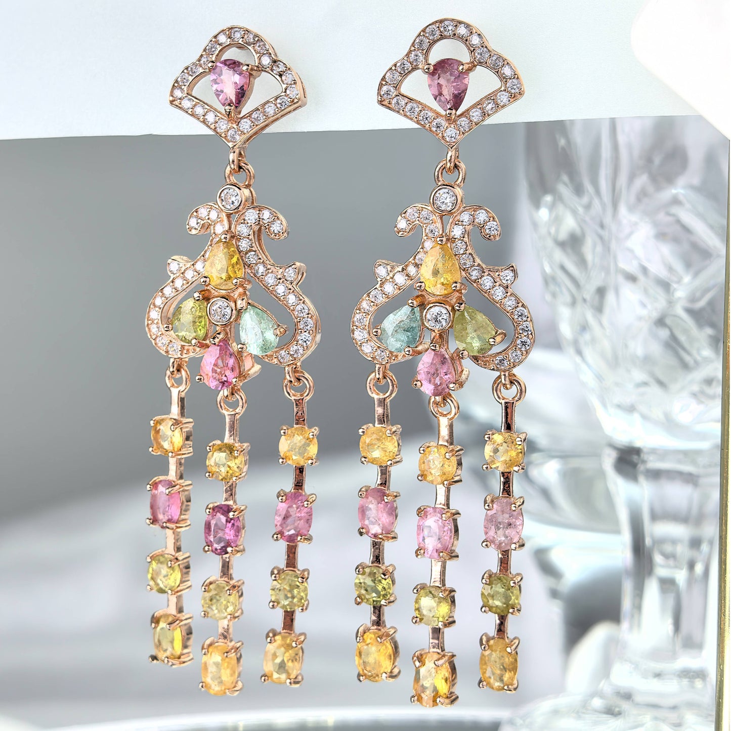 Noble Rose Gold Plated Silver 925 Natural Tourmaline Dangling Drop Earrings