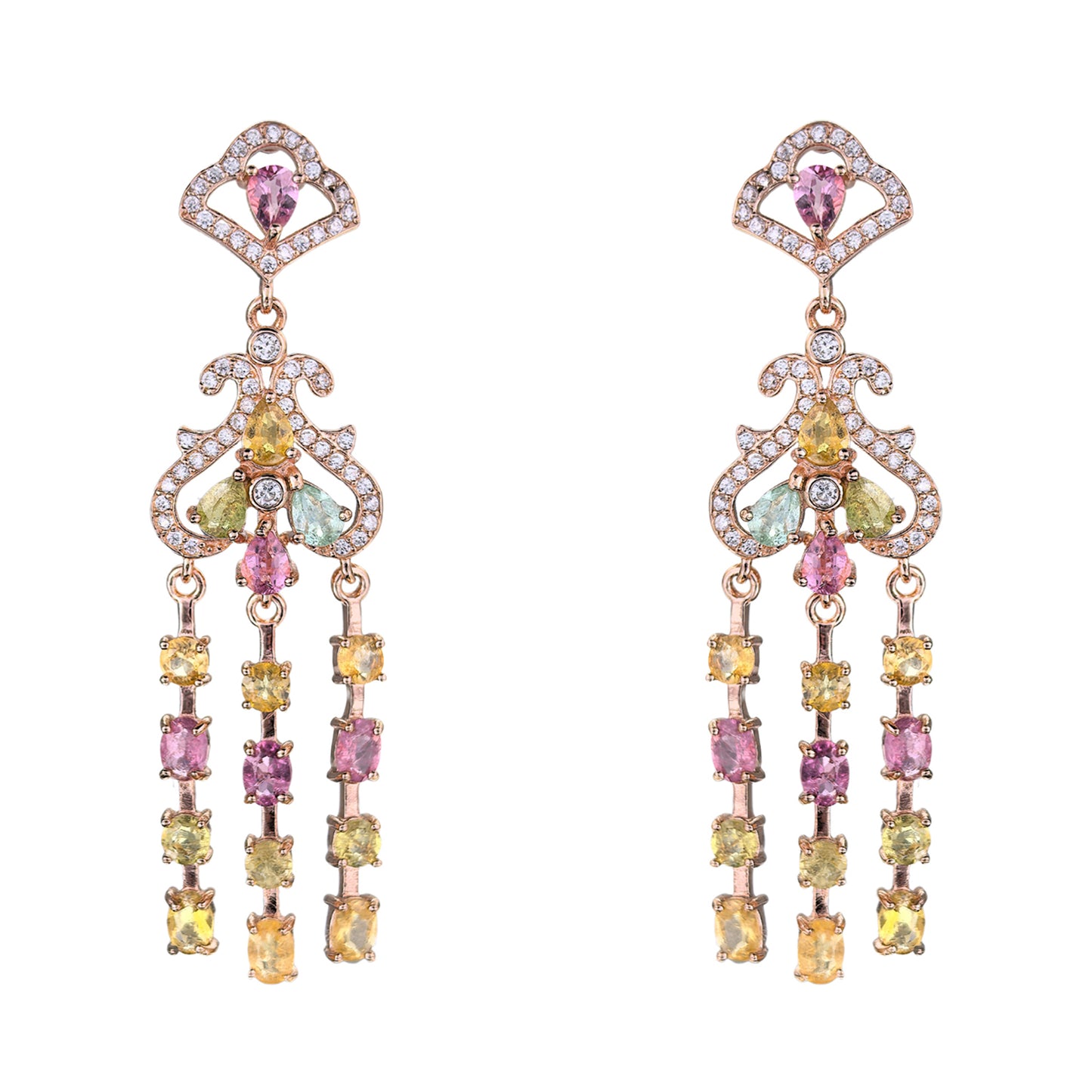 Noble Rose Gold Plated Silver 925 Natural Tourmaline Dangling Drop Earrings