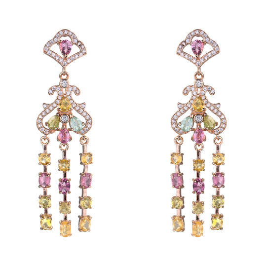 Noble Rose Gold Plated Silver 925 Natural Tourmaline Dangling Drop Earrings