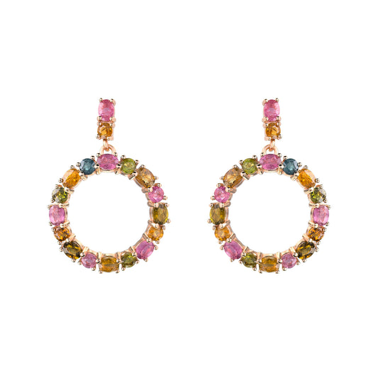 Special Rose Gold Plated S925 Silver Natural Tourmaline Circle Drop Statement Earrings