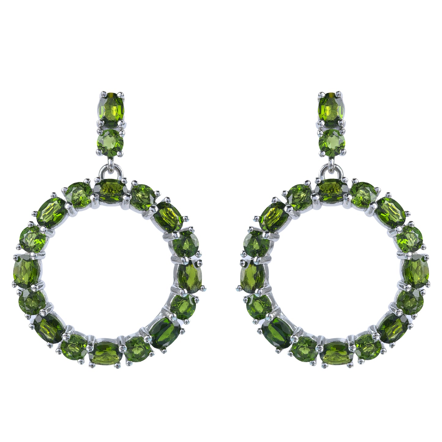 Rhodium Plated 925 Silver Geometric Roundcircle Natural Diopside Statement Drop Earrings