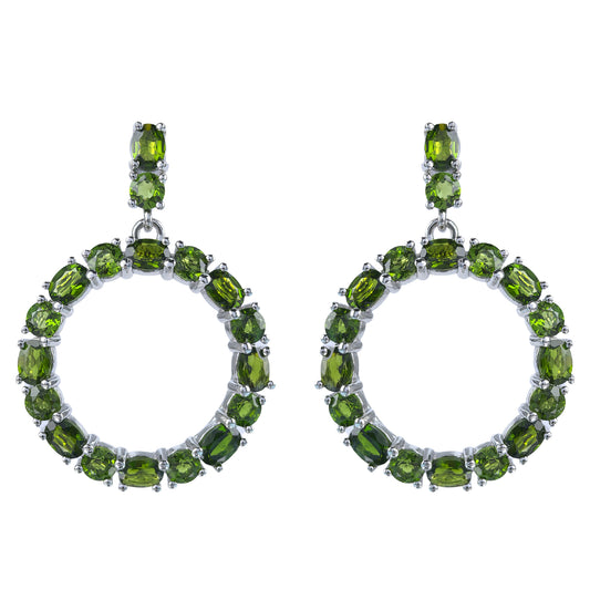Rhodium Plated 925 Silver Geometric Roundcircle Natural Diopside Statement Drop Earrings