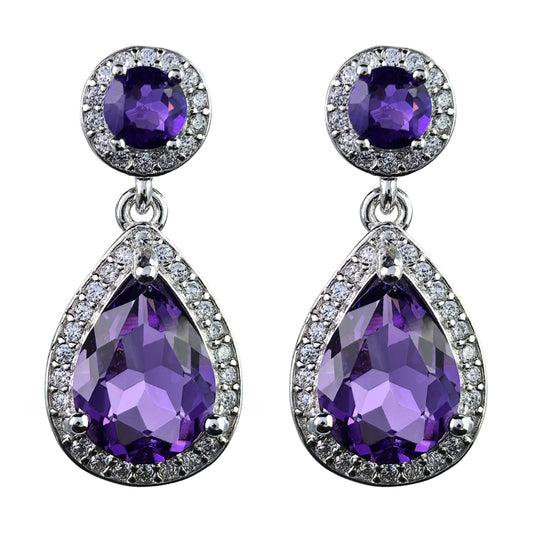 Precious Rhodium Plated 925 Silver Jewelry Natural Amethyst Drop Earrings