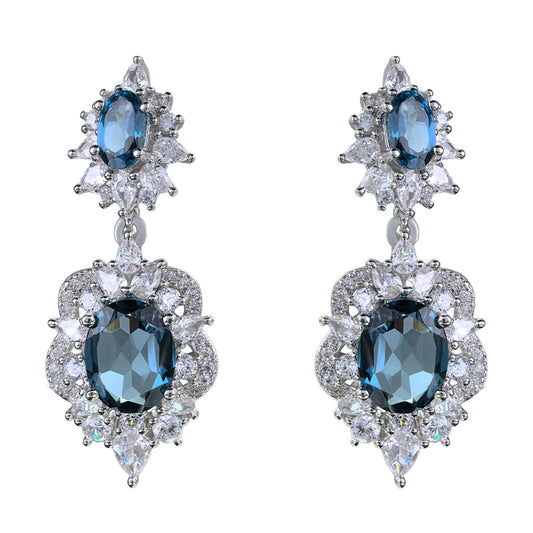 Elegant Rhodium Plated 925 Silver Oval Cut Natural London Blue Topaz Drop Earrings