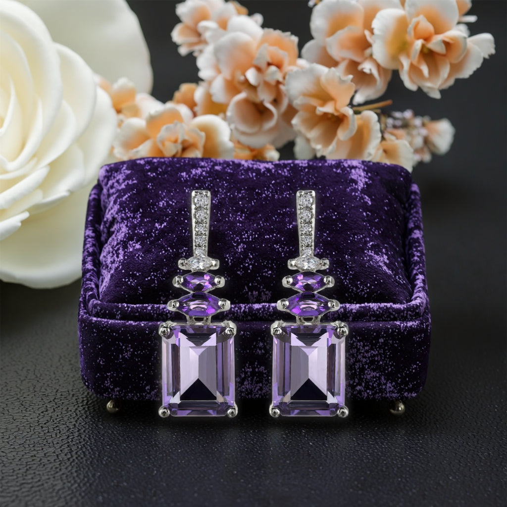 Classic Rhodium Plated 925 Silver Emerald Cut Natural Amethyst Drop Earrings