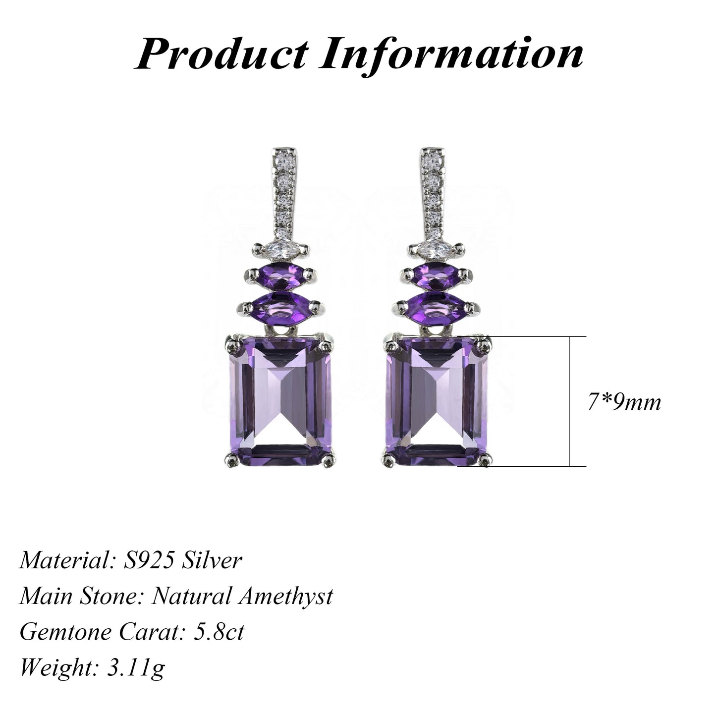 Classic Rhodium Plated 925 Silver Emerald Cut Natural Amethyst Drop Earrings