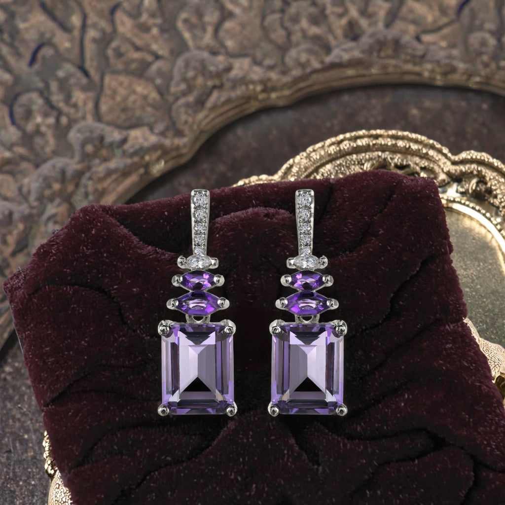 Classic Rhodium Plated 925 Silver Emerald Cut Natural Amethyst Drop Earrings
