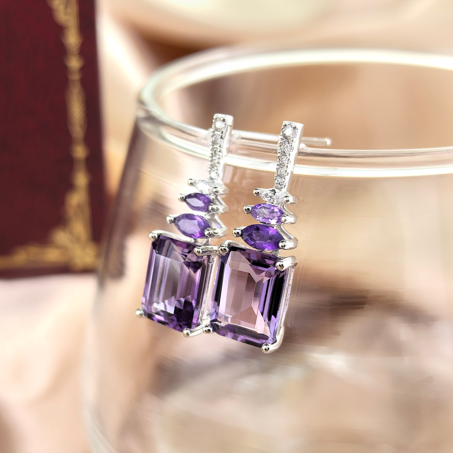 Classic Rhodium Plated 925 Silver Emerald Cut Natural Amethyst Drop Earrings