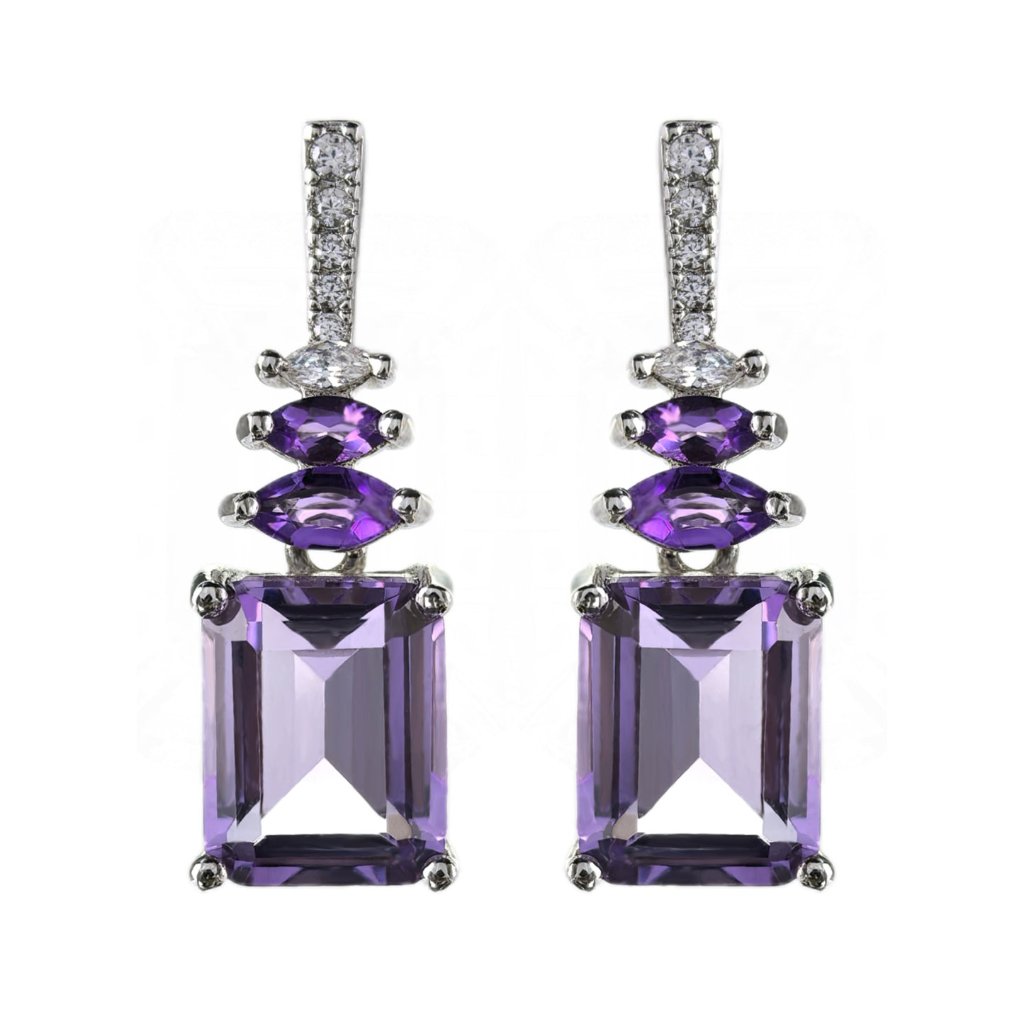 Classic Rhodium Plated 925 Silver Emerald Cut Natural Amethyst Drop Earrings