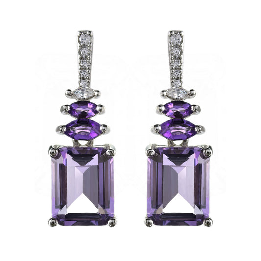 Classic Rhodium Plated 925 Silver Emerald Cut Natural Amethyst Drop Earrings