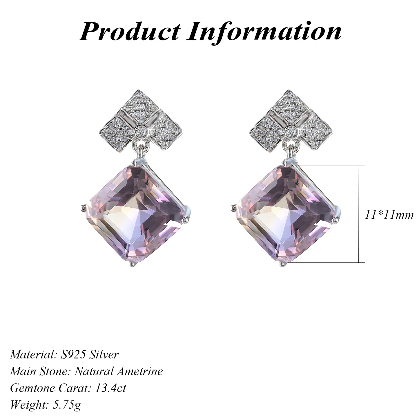 Elegant 925 Silver Rhodium Plated Natural Ametrine Drop Earrings