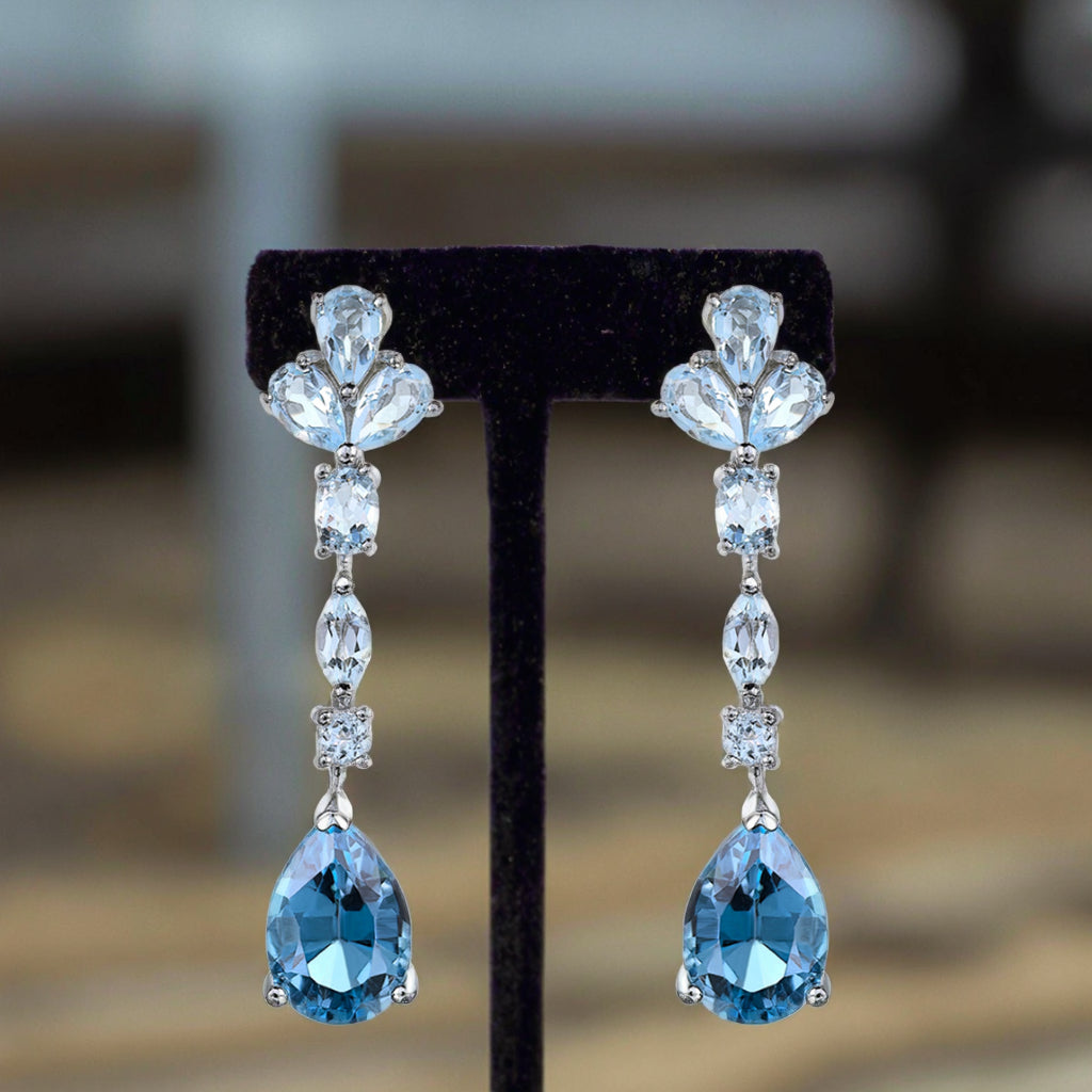 Trendy Rhodium Plated Silver 925 Jewelry Natural London Blue Topaz Clover Drop Earrings