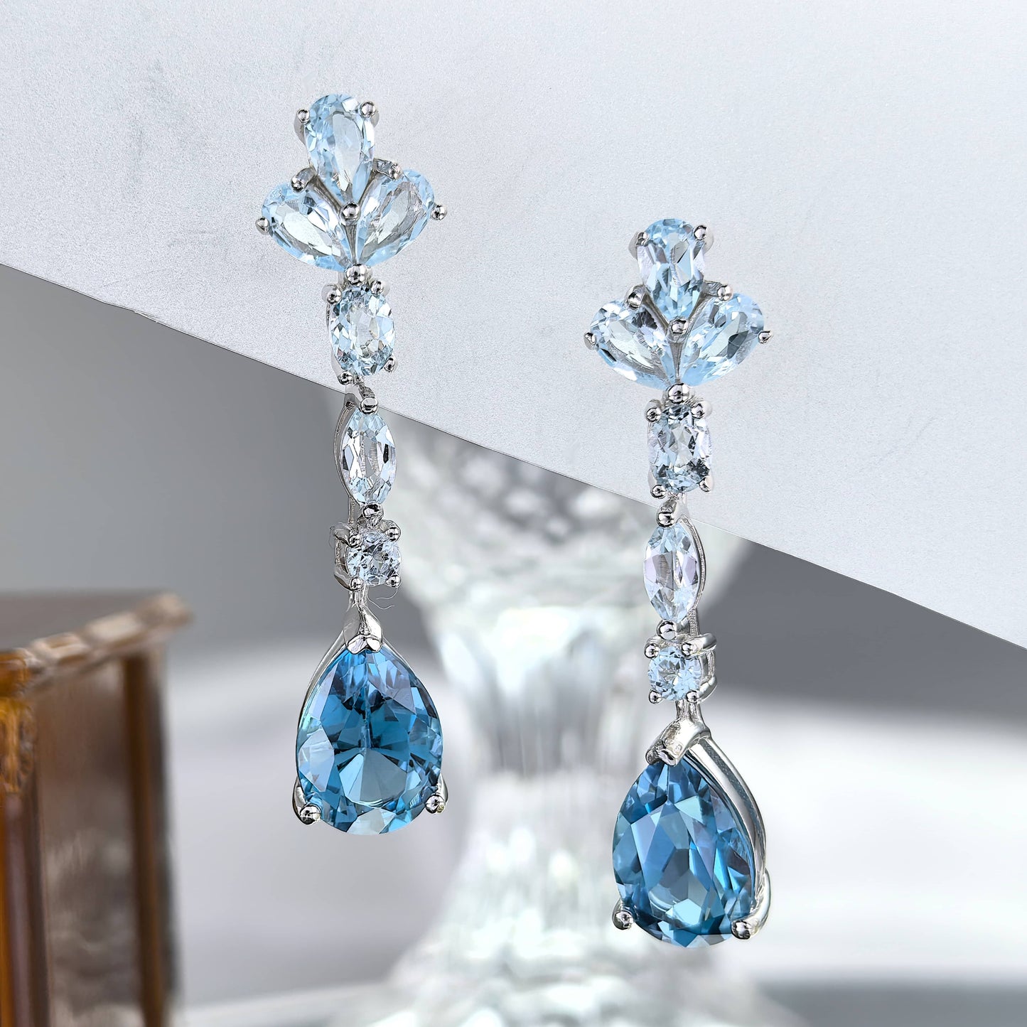 Trendy Rhodium Plated Silver 925 Jewelry Natural London Blue Topaz Clover Drop Earrings