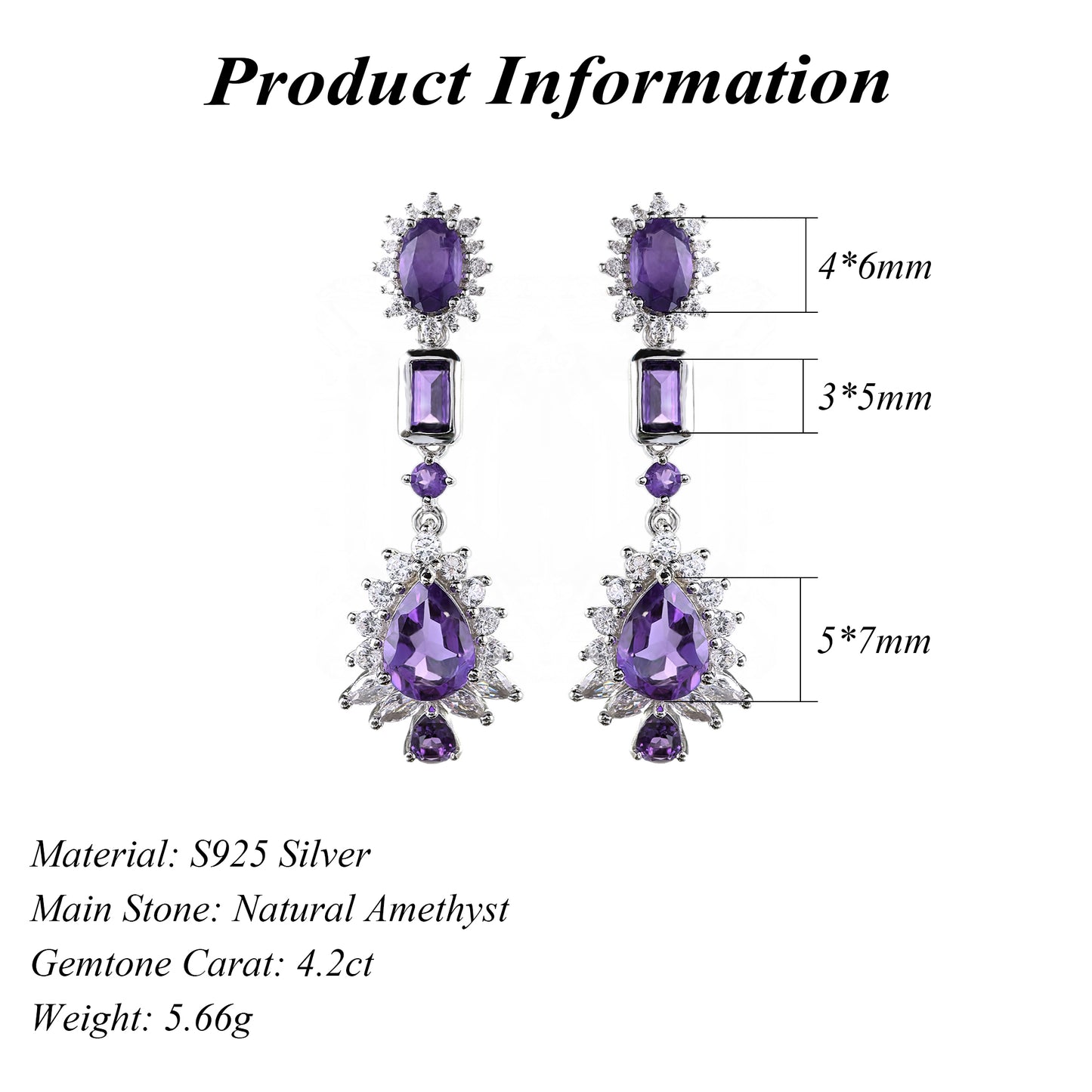Exquisite Rhodium Plated Sterling Silver 925 Drop Earrings Pear Cut Natural Amethyst