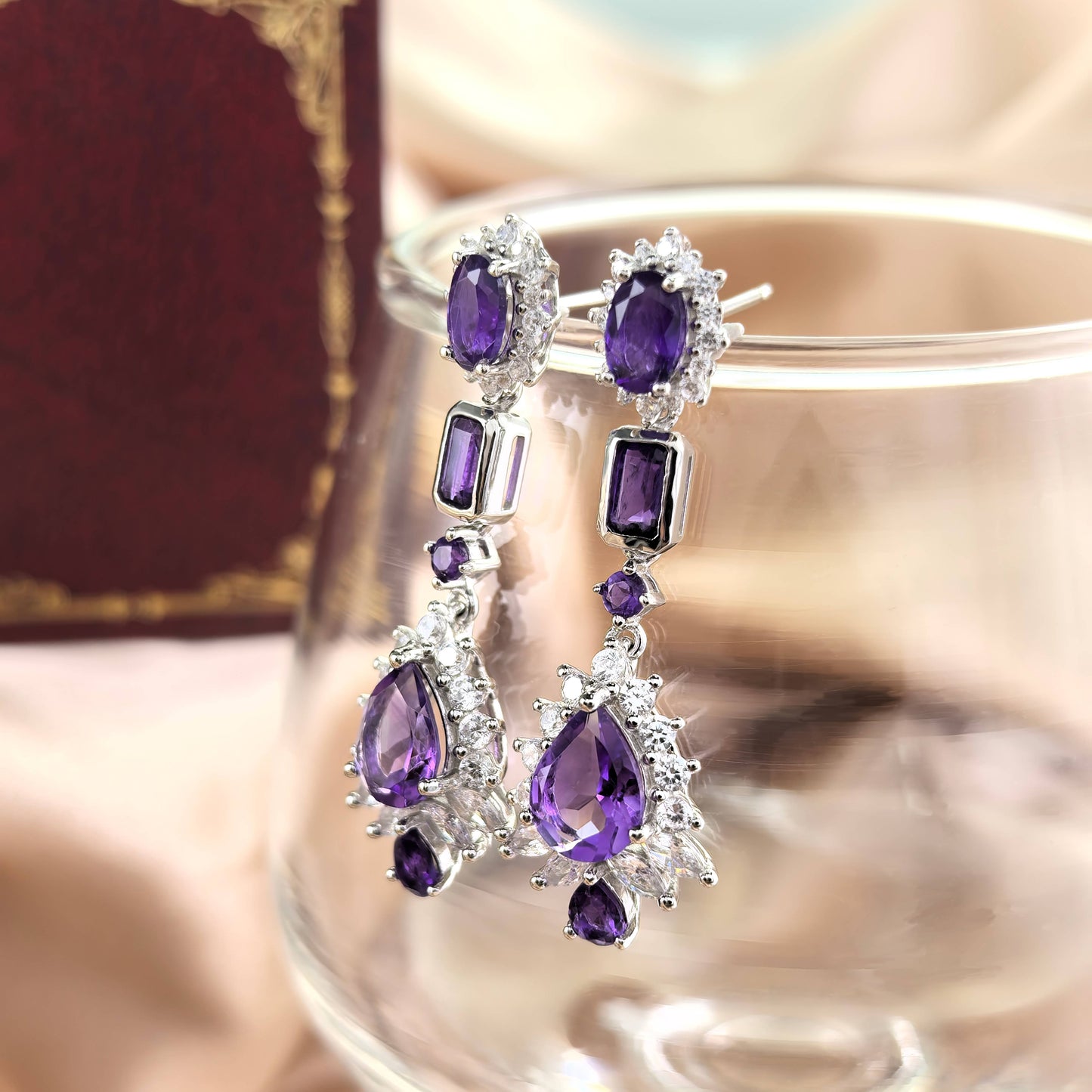 Exquisite Rhodium Plated Sterling Silver 925 Drop Earrings Pear Cut Natural Amethyst