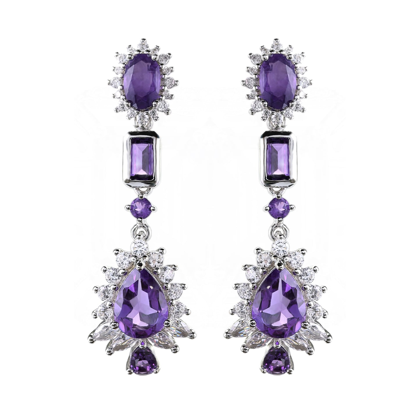 Exquisite Rhodium Plated Sterling Silver 925 Drop Earrings Pear Cut Natural Amethyst