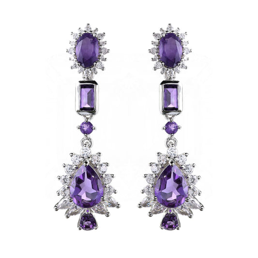 Exquisite Rhodium Plated Sterling Silver 925 Drop Earrings Pear Cut Natural Amethyst