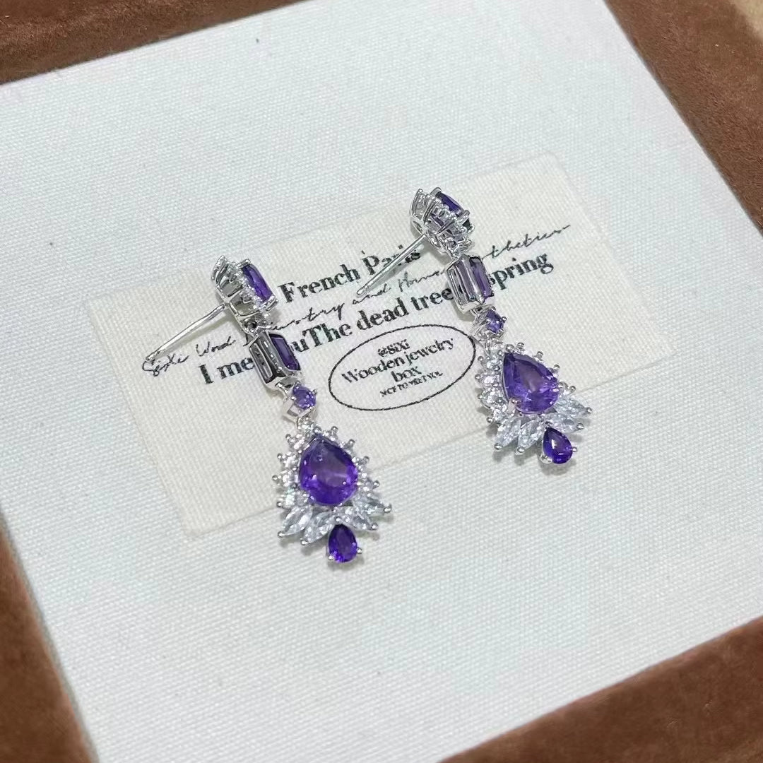 Exquisite Rhodium Plated Sterling Silver 925 Drop Earrings Pear Cut Natural Amethyst