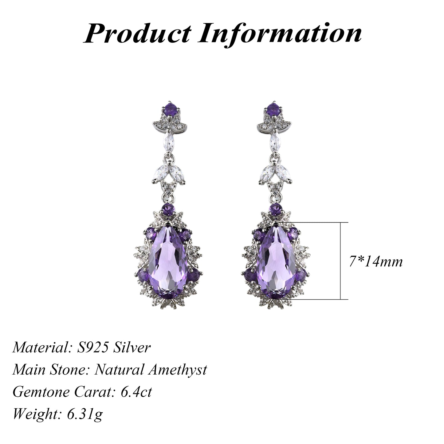 Dazzling Rhodium Plated 925 Sterling Silver Natural Amethyst Drop Earrings