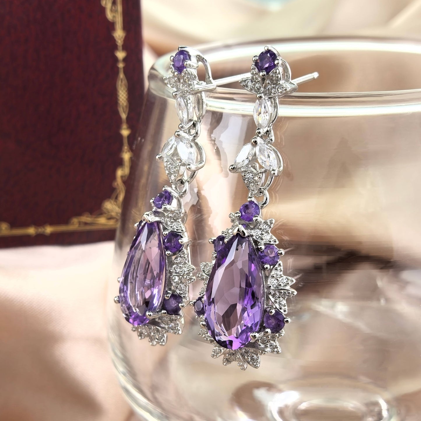 Dazzling Rhodium Plated 925 Sterling Silver Natural Amethyst Drop Earrings