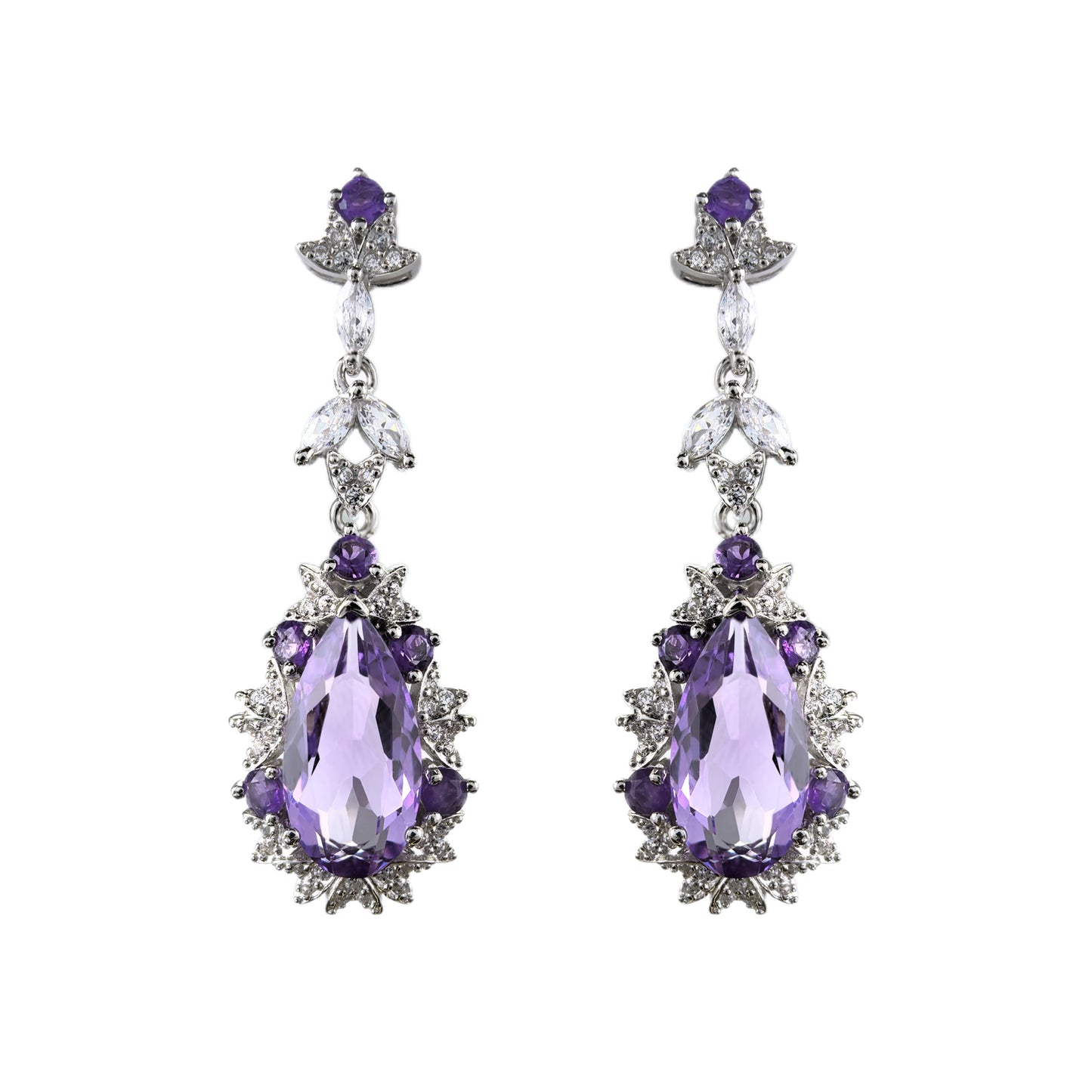 Dazzling Rhodium Plated 925 Sterling Silver Natural Amethyst Drop Earrings