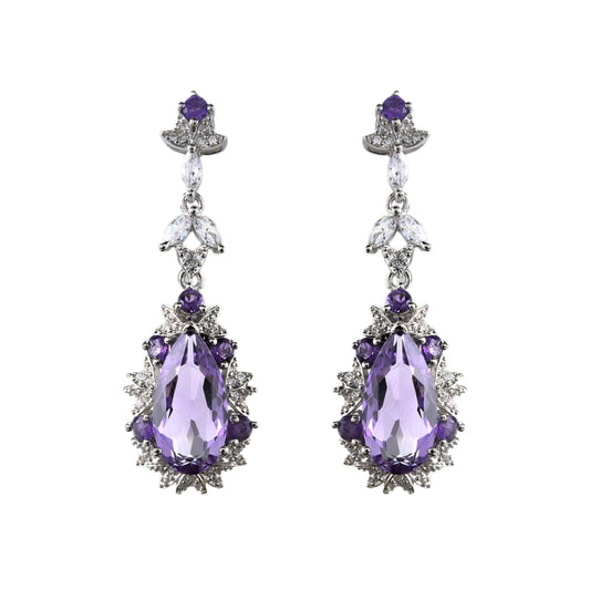 Dazzling Rhodium Plated 925 Sterling Silver Natural Amethyst Drop Earrings
