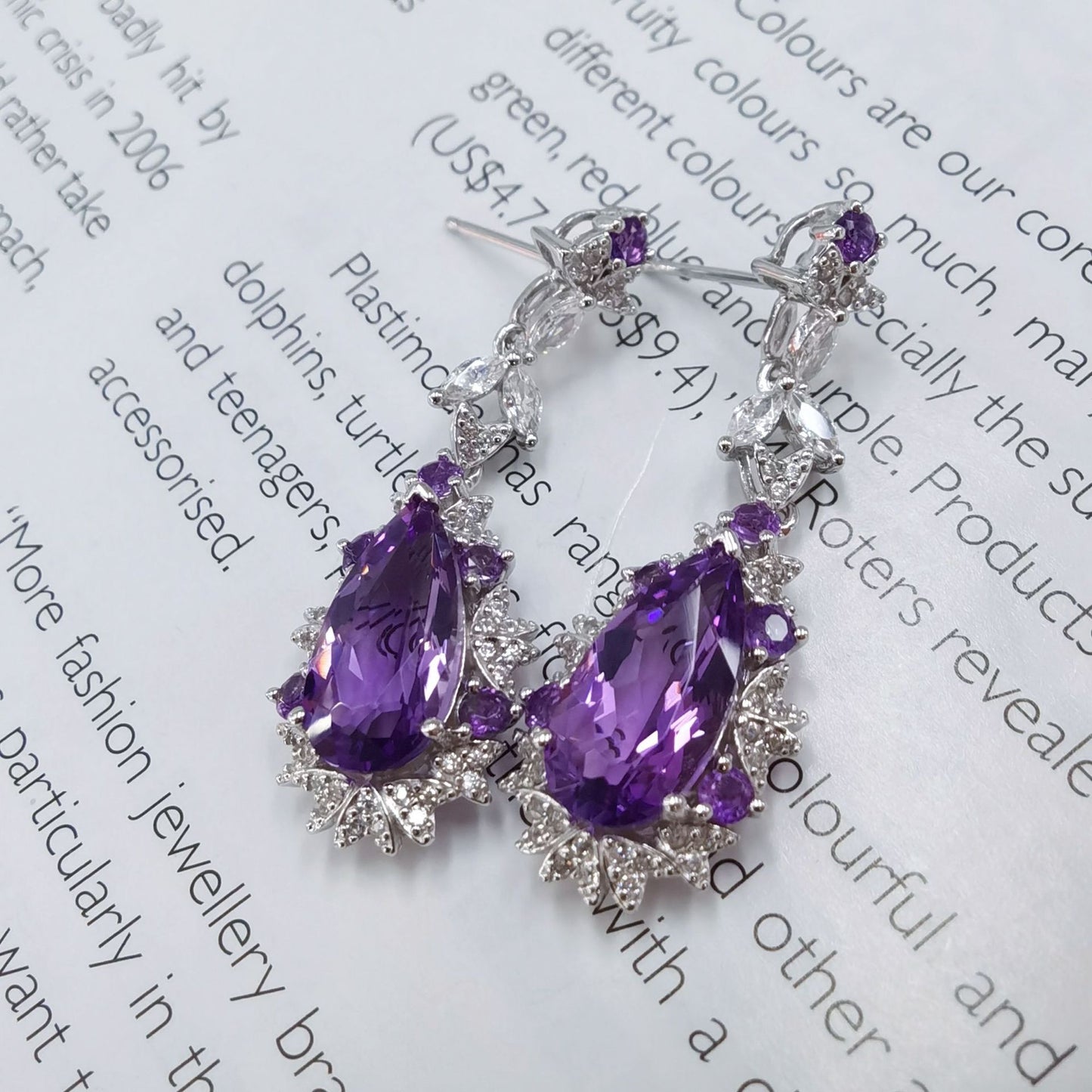 Dazzling Rhodium Plated 925 Sterling Silver Natural Amethyst Drop Earrings
