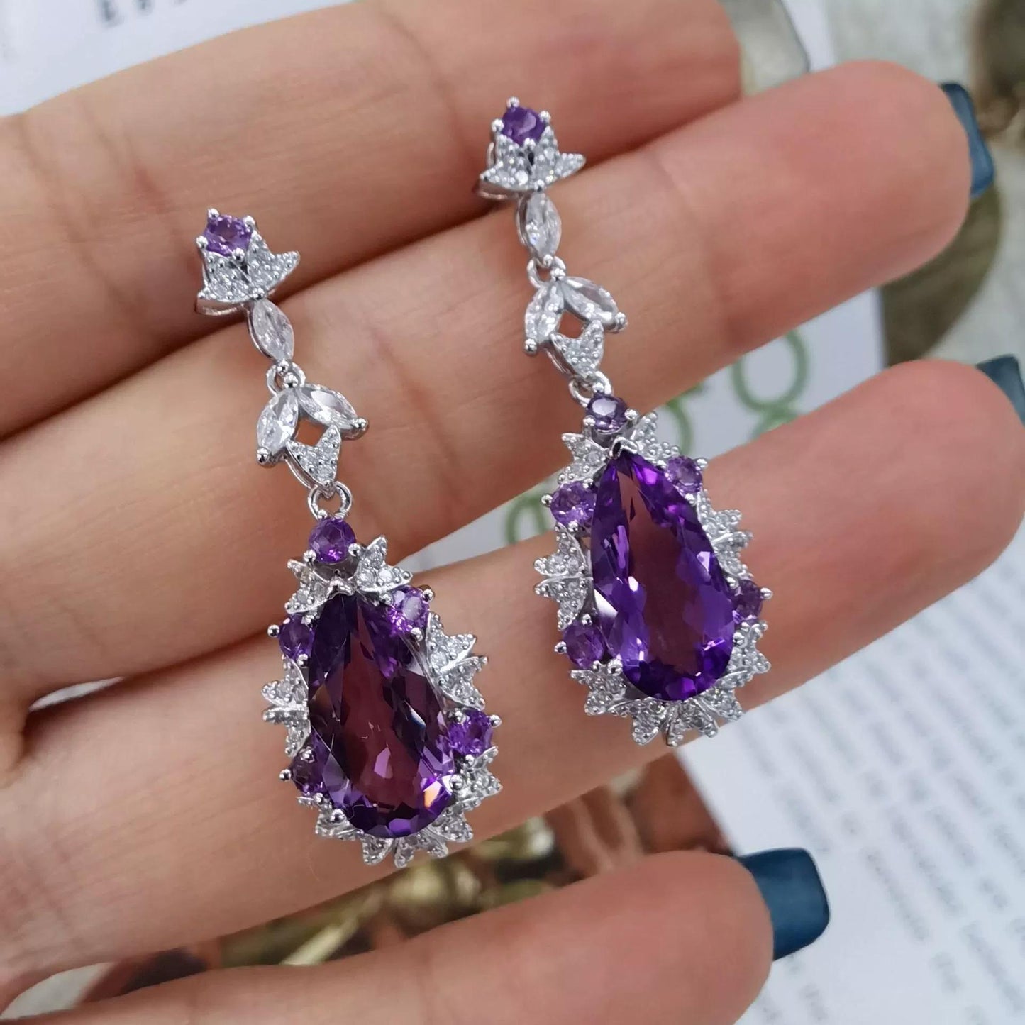 Dazzling Rhodium Plated 925 Sterling Silver Natural Amethyst Drop Earrings