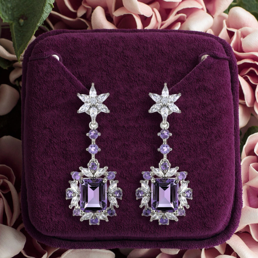 Unique Rhodium Plated Silver 925 Natural Amethyst Drop Earrings