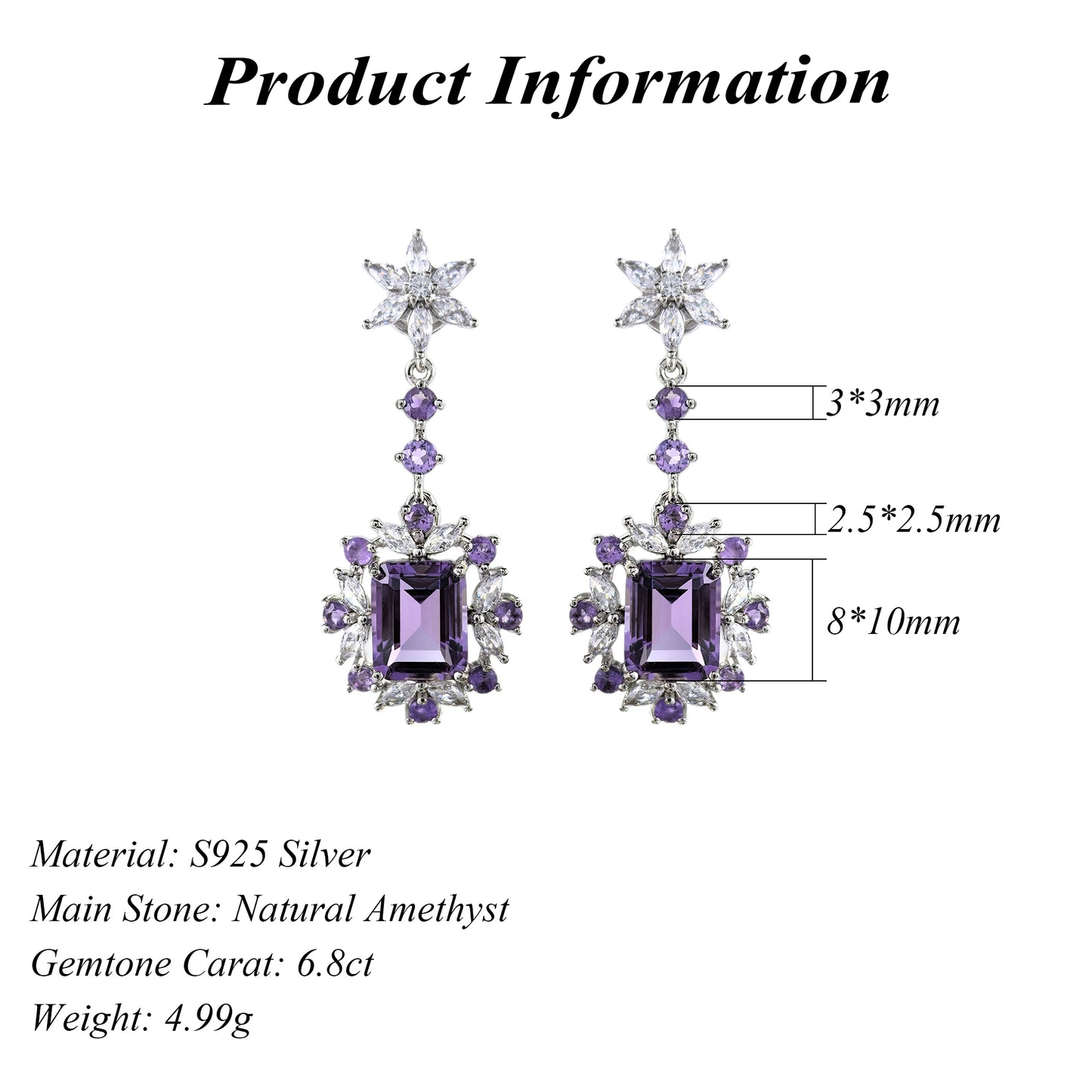 Unique Rhodium Plated Silver 925 Natural Amethyst Drop Earrings