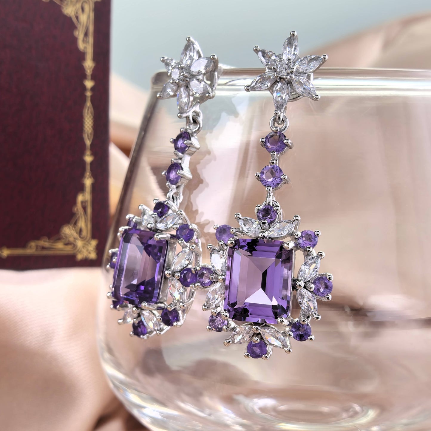 Unique Rhodium Plated Silver 925 Natural Amethyst Drop Earrings