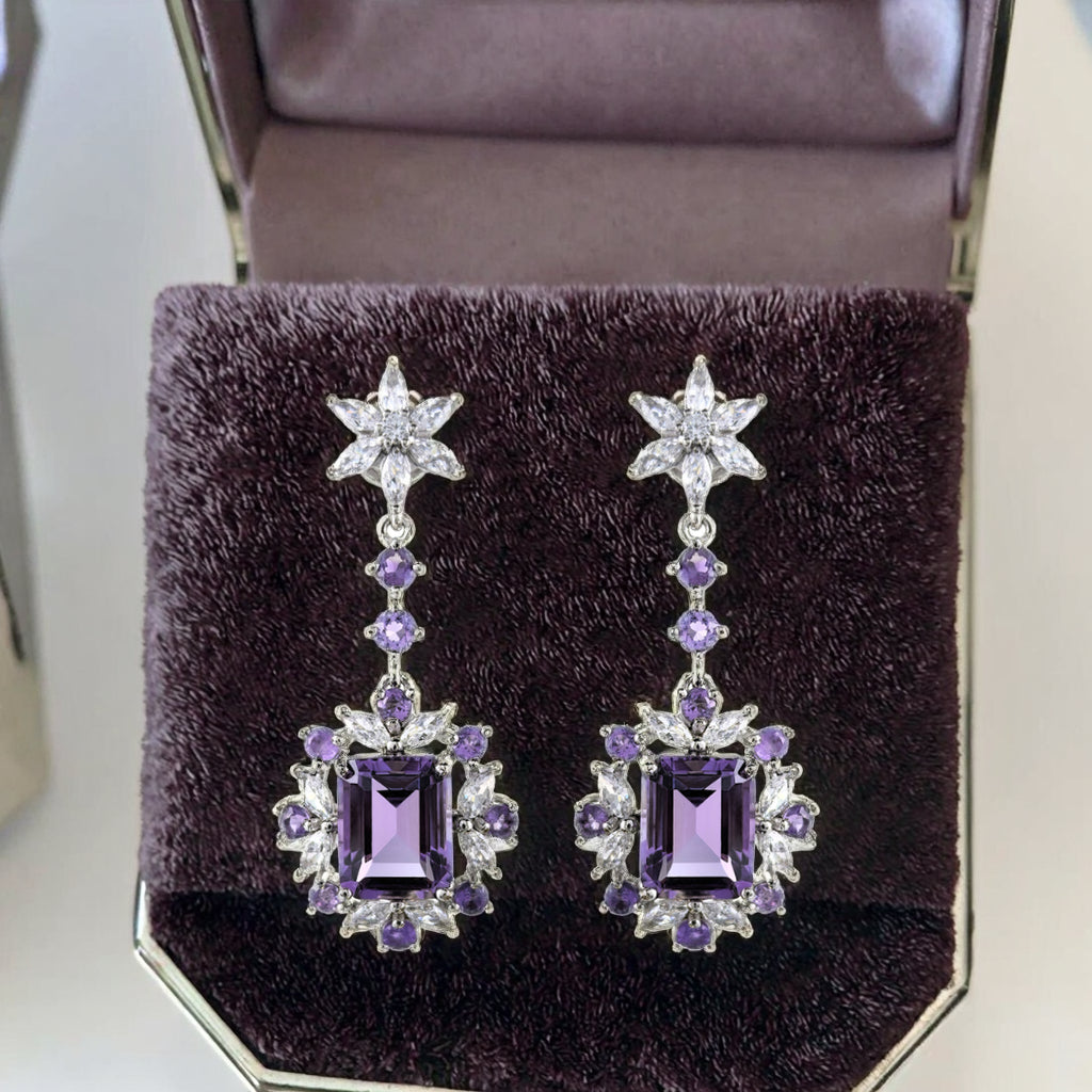 Unique Rhodium Plated Silver 925 Natural Amethyst Drop Earrings