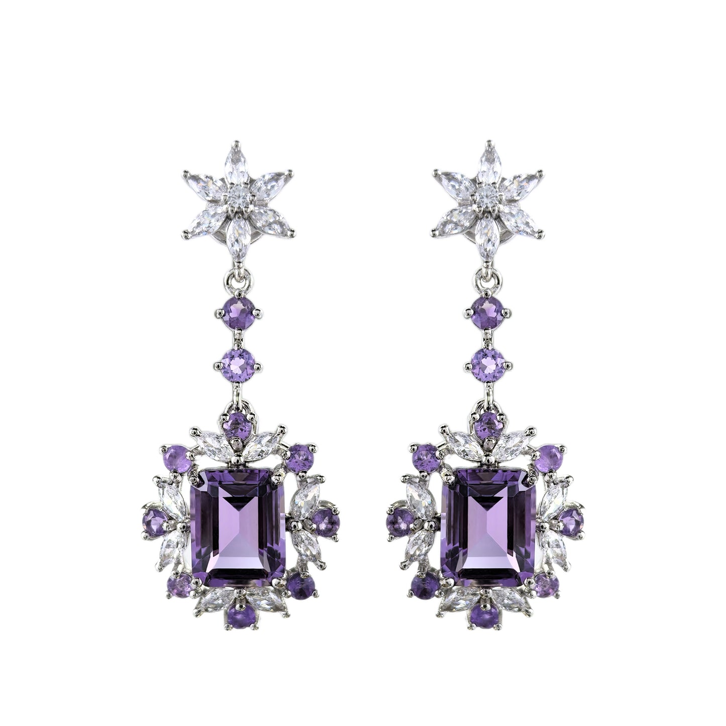 Unique Rhodium Plated Silver 925 Natural Amethyst Drop Earrings